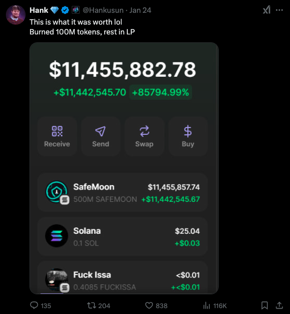 Screenshot of Hank’s X page showing an $11 million wallet balance before token burn
